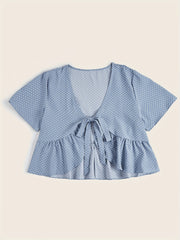 Polka Dot Print Short Sleeve V Neck Tie Front Crop Top