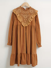 Girls' Solid Ruffle Trim Long Sleeve Dress For Christmas Party