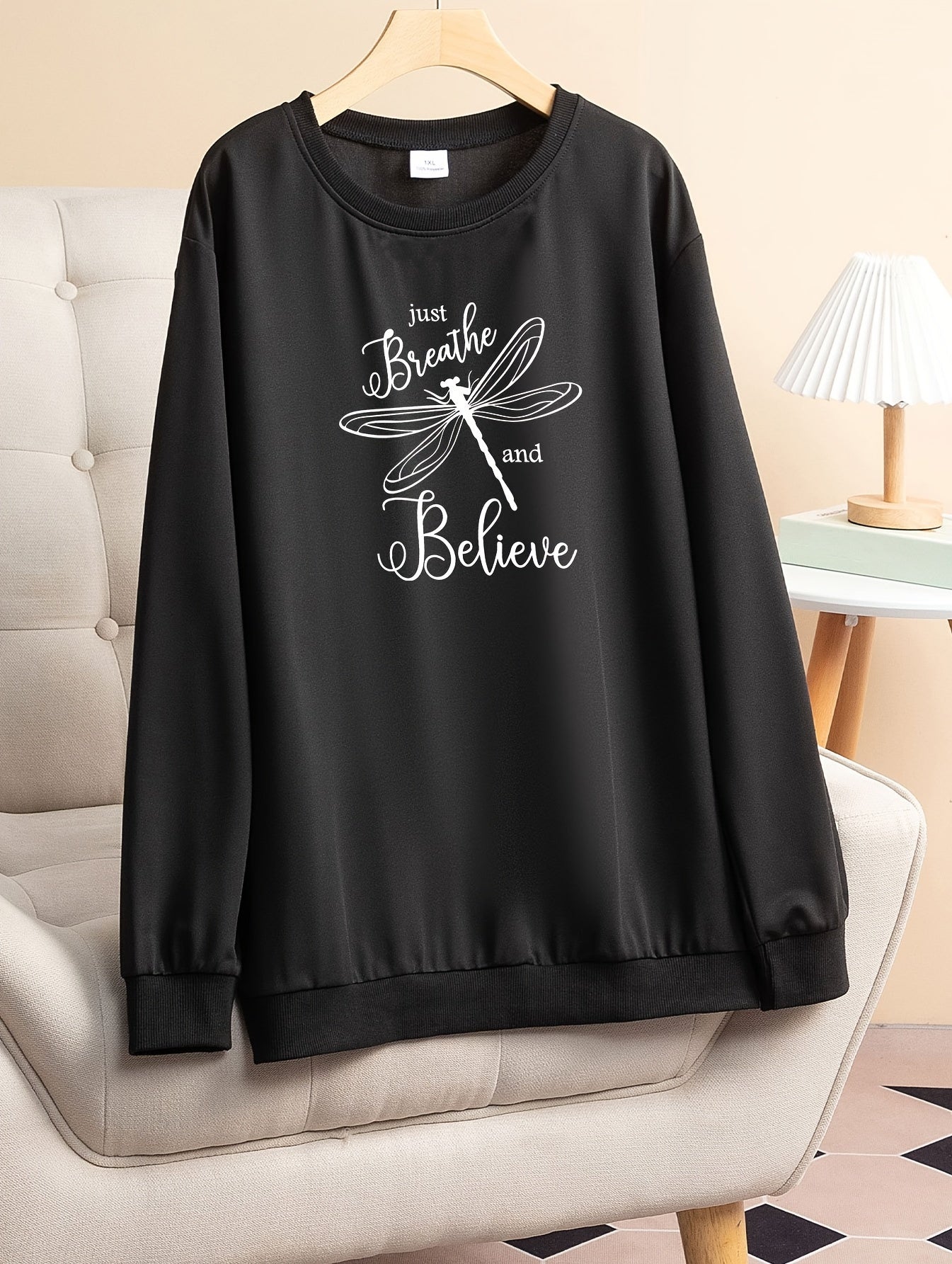 Dragonfly Print Long Sleeve Lounge Top Plus Size Women's Tee