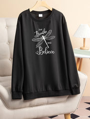 Dragonfly Print Long Sleeve Lounge Top Plus Size Women's Tee