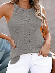 Casual Knit Top Women's Plus Plain Eyelet Round Neck Slight Stretch