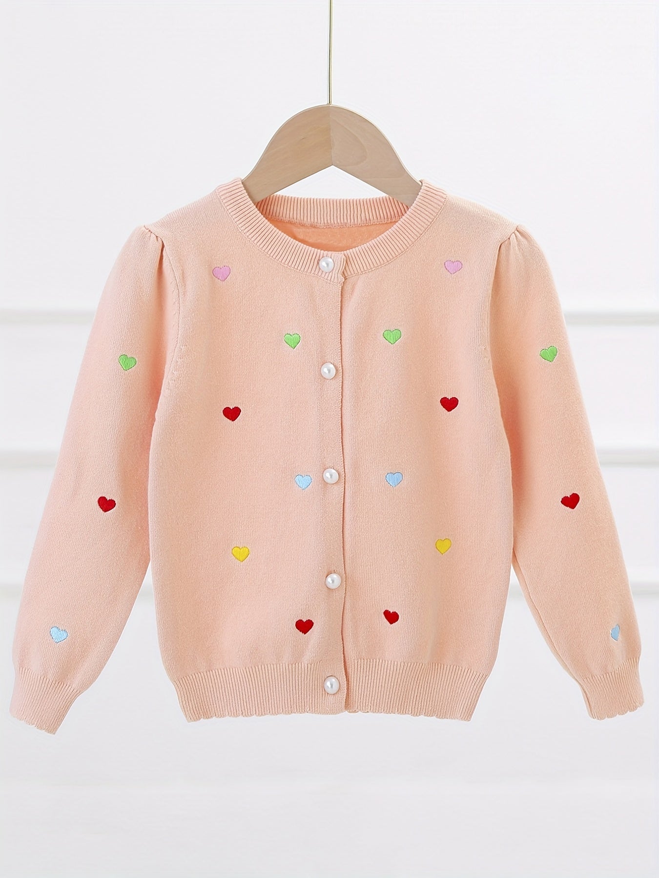 Girls Heart Embroidery Round Neck Knit Cardigan for Spring Fall