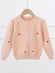 Girls Heart Embroidery Round Neck Knit Cardigan for Spring Fall
