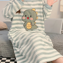 Cartoon Dinosaur Print NightDress Long Sleeve Crew Neck Fuzzy Pajama Dress