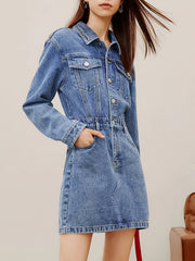 Flap Pockets Denim Dress Long Sleeve Single Breasted Button Dress