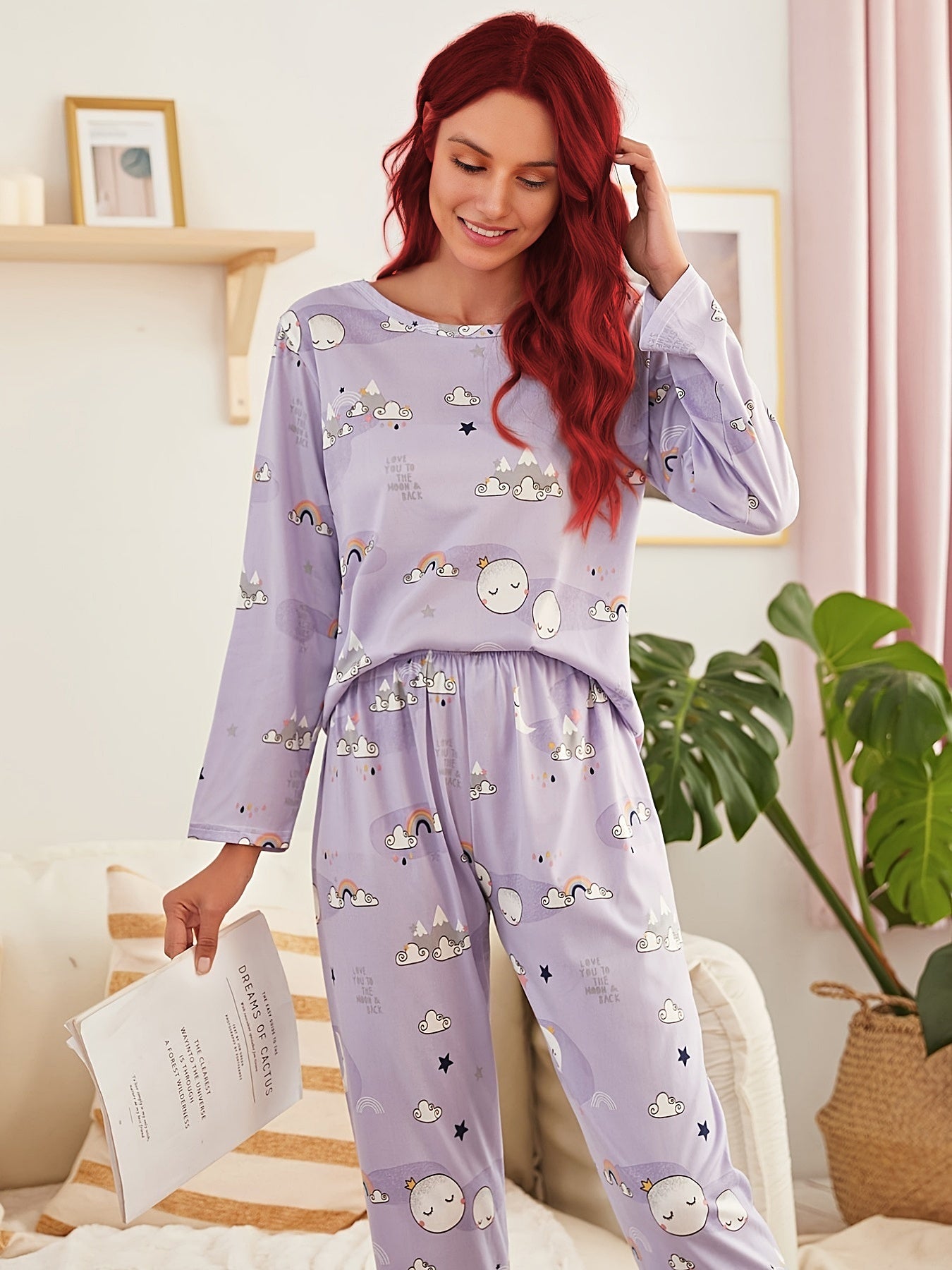 Cartoon Print Pajamas Set Long Sleeve Top & Pants Women's Sleepwear