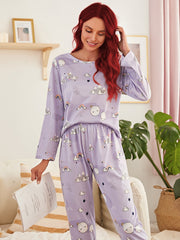 Cartoon Print Pajamas Set Long Sleeve Top & Pants Women's Sleepwear
