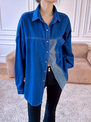 Colorblock Stripe Denim Blouse Button Down Long Sleeve