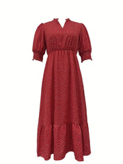 Polka Dot V Neck Shirred Cuff Dress Casual Short Sleeve Dress