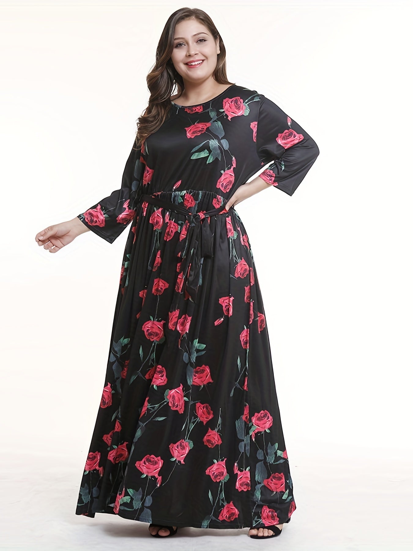 Floral Print Long Sleeve Plus Size Maxi Dress with Belt