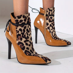 Leopard Print Stiletto Heeled Boots Lace Up Side Zipper Short Boots