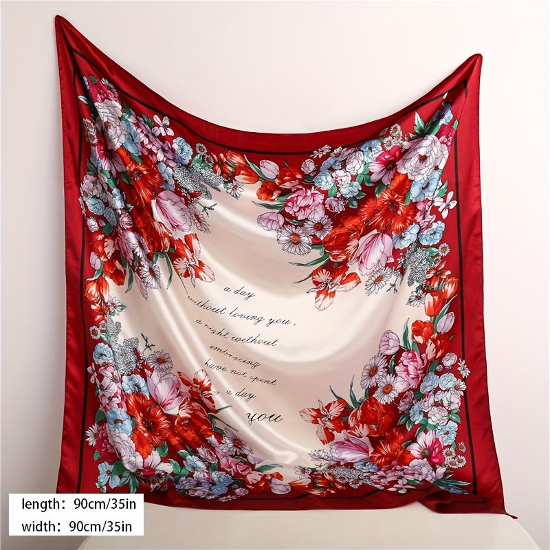 Vintage Flower Print Satin Scarf Large Shawl Women Head Wrap Bandana