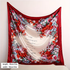Vintage Flower Print Satin Scarf Large Shawl Women Head Wrap Bandana