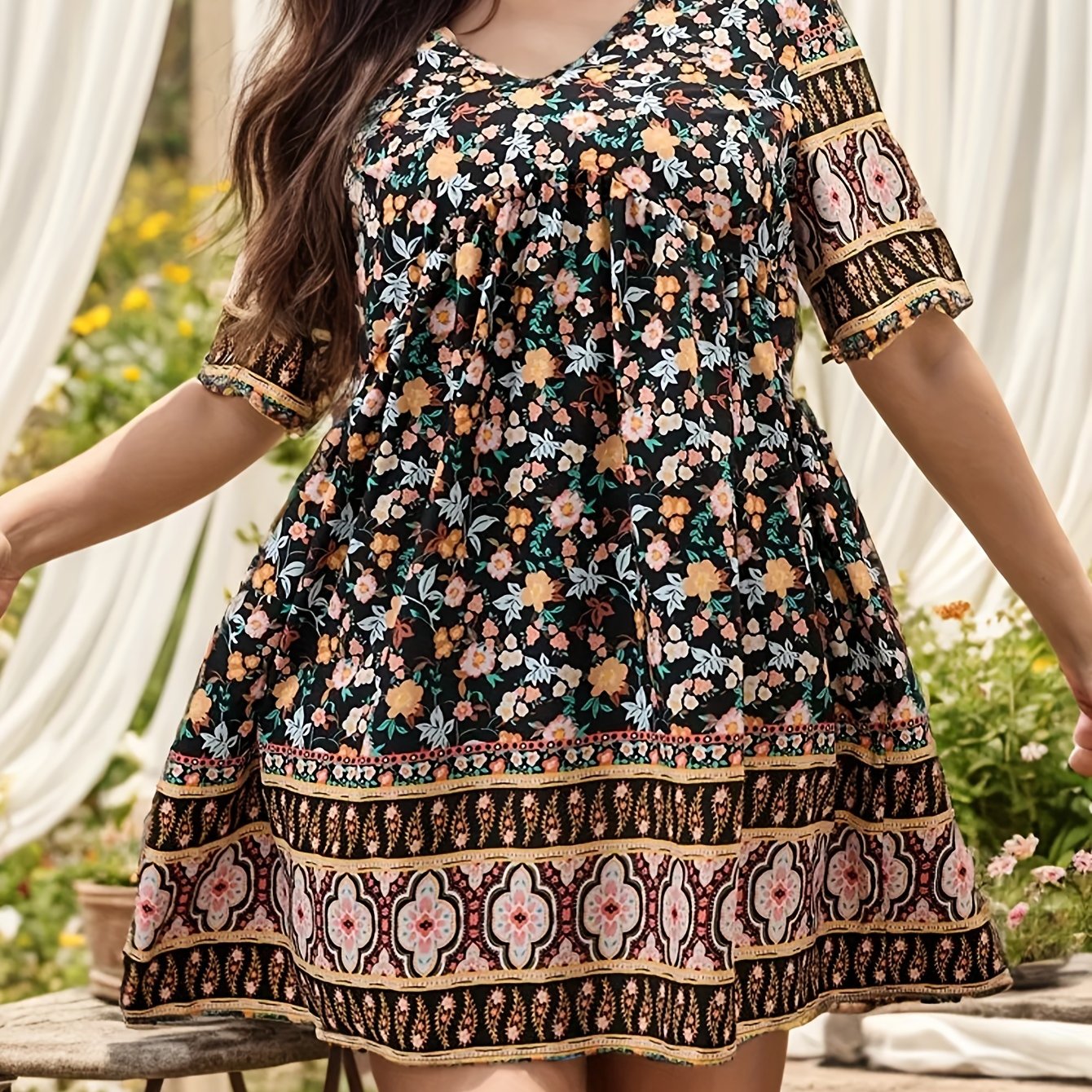 Boho Dress Women's Plus Ditsy Floral Print Short Sle...