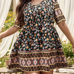 Boho Dress Women's Plus Ditsy Floral Print Short Sle...