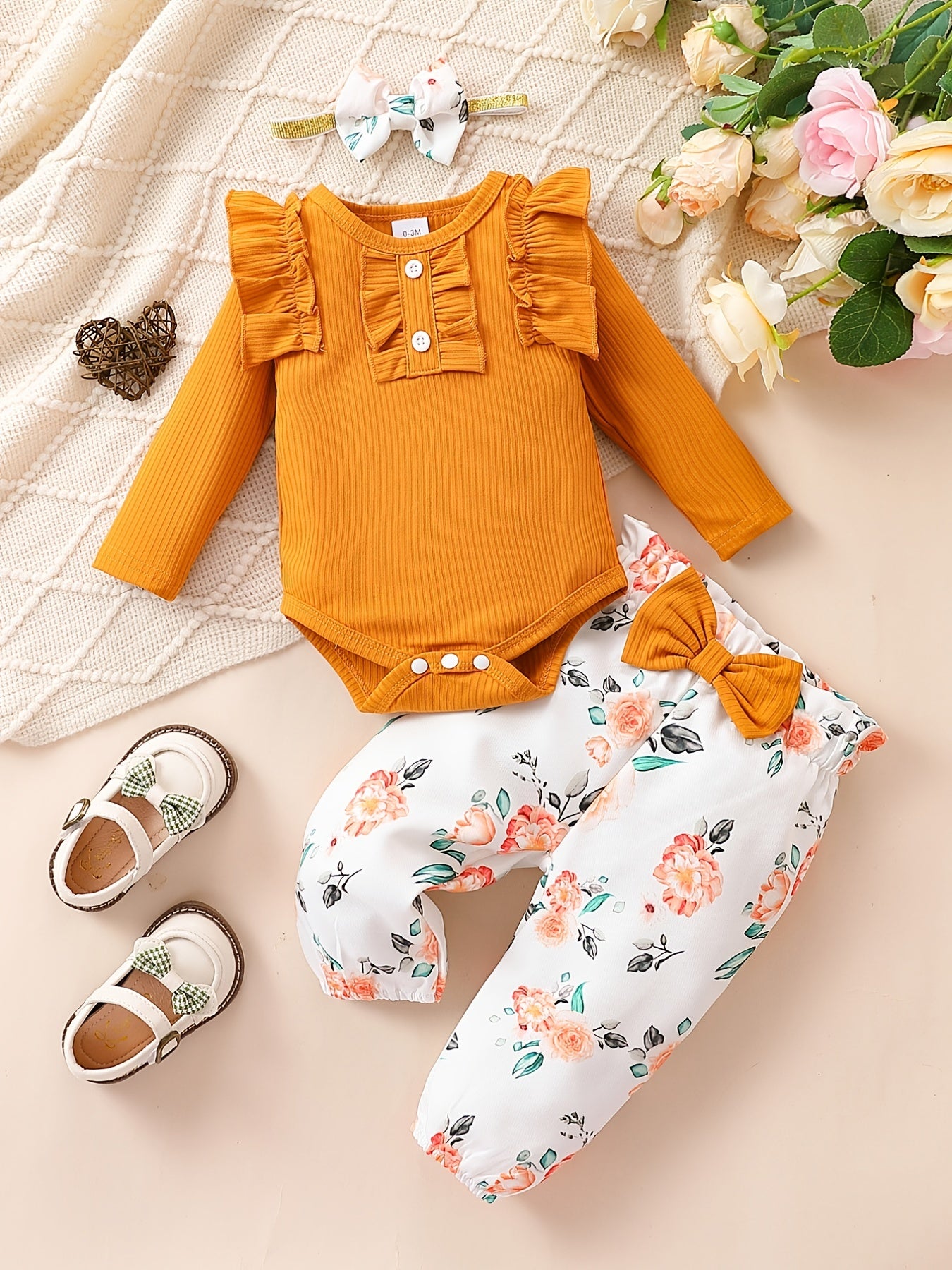 Baby 3pcs Outfits Floral leopard Pants & Ruffle Romper Set