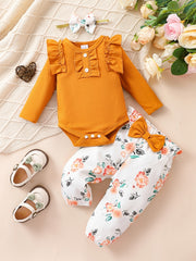 Baby 3pcs Outfits Floral leopard Pants & Ruffle Romper Set
