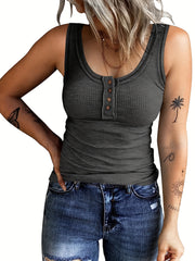 Button Front Crew Neck Tank Top Sleeveless Casual Summer Women's Top