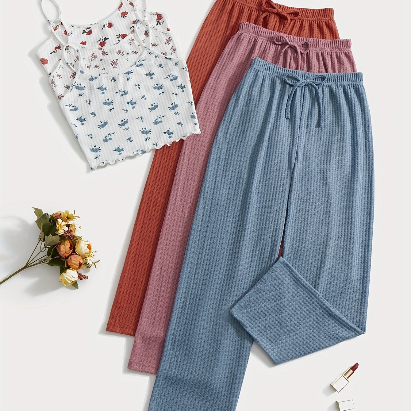 Floral Print Lounge Set Cami Top & Waffle Pants Women's Loungewear