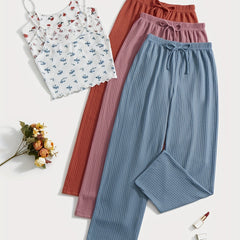 Floral Print Lounge Set Cami Top & Waffle Pants Women's Loungewear