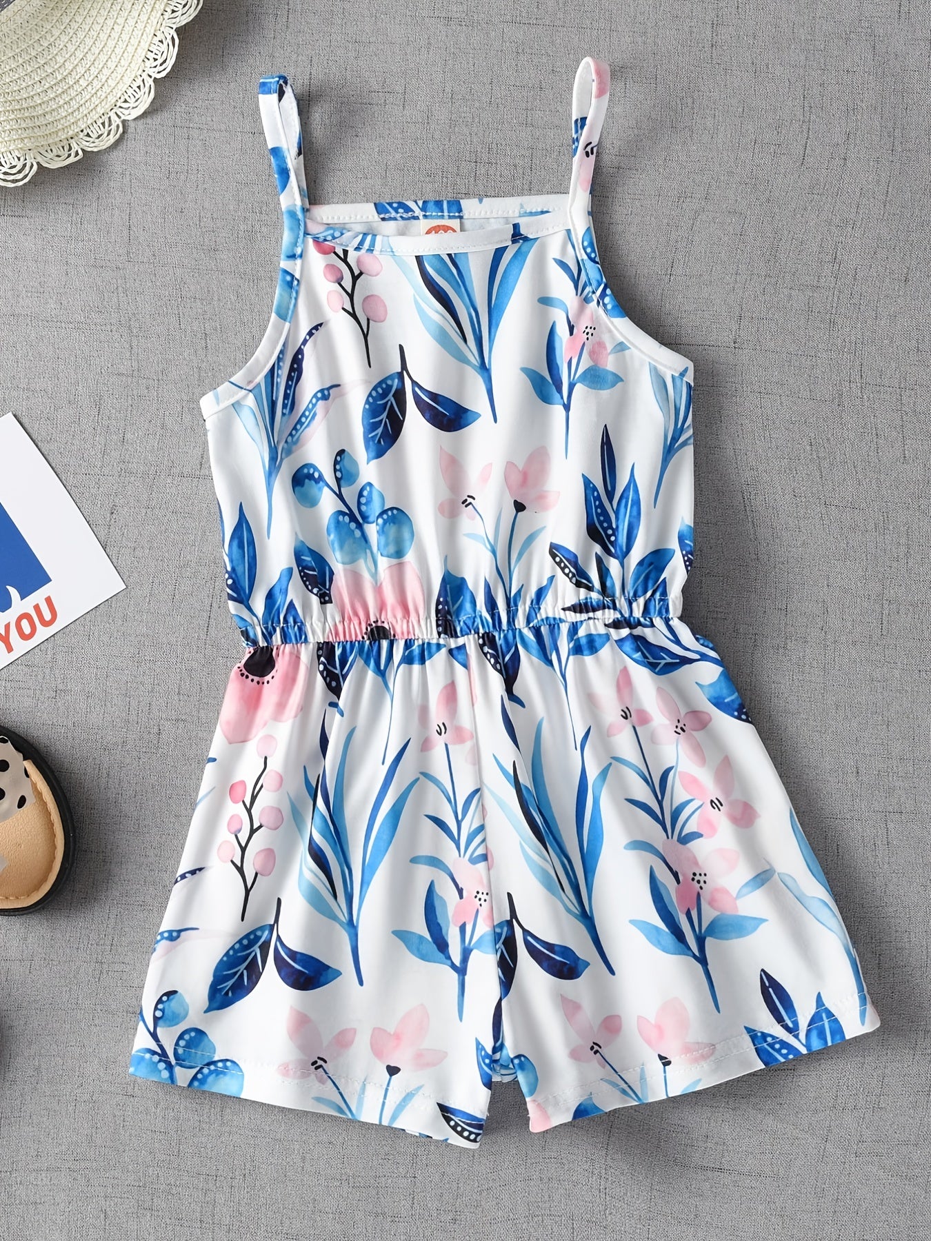 Girls Square Collar Cami Romper Flowers Print Stretch Jumpsuit Kids Summer