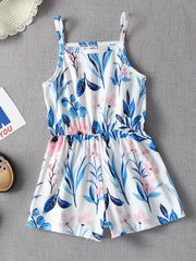 Girls Square Collar Cami Romper Flowers Print Stretch Jumpsuit Kids Summer