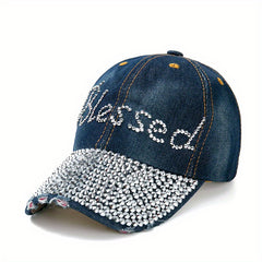 Blessed Rhinestone Denim Baseball Cap Lightweight Adjustable Casual Hat