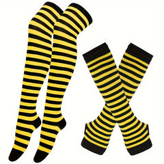 2 Pairs Set Long Over Knee Socks Colorful Striped Gloves Set