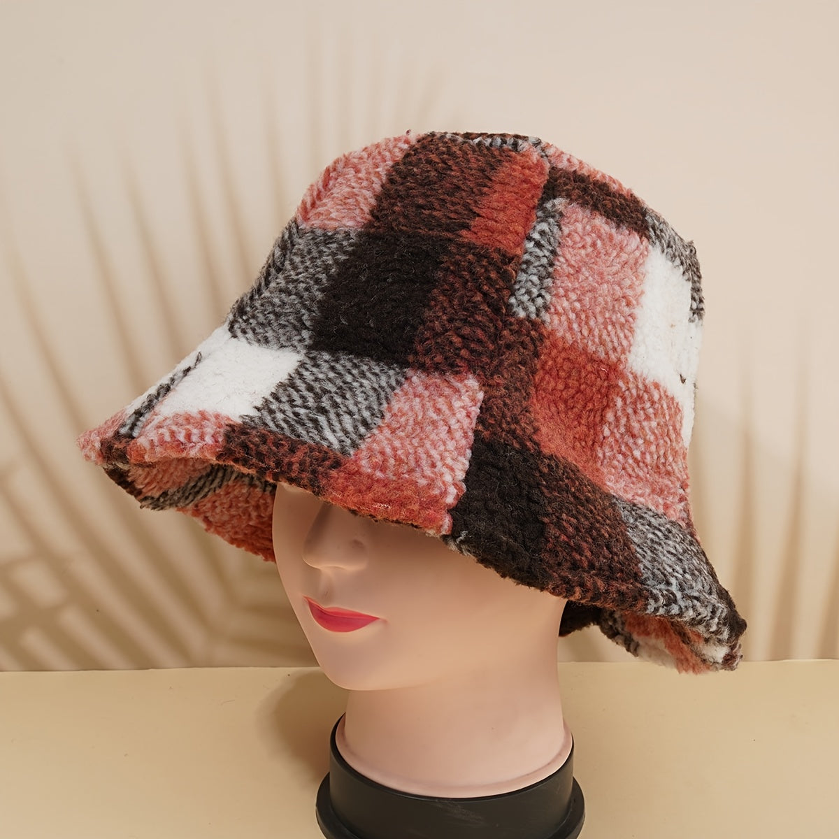 Women Lamb Wool Bucket Hat Plaid Fisherman Hat