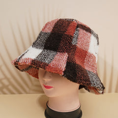 Women Lamb Wool Bucket Hat Plaid Fisherman Hat