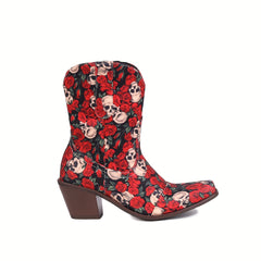 Women's Rose & Skull Print Cowgirl Boots Chunky Heel Slip On Western Boots