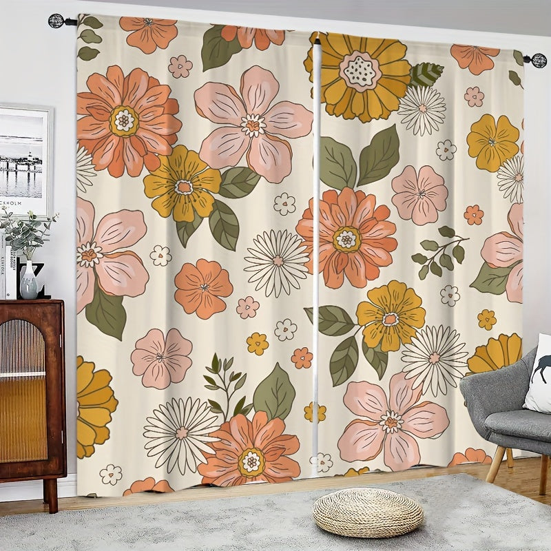 2pcs Romantic Flower Curtain Rod Pocket Window Curtains
