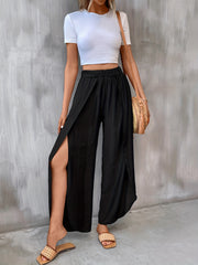 Solid Elastic Waist Split Pants Casual Wide Leg Pants Women's Clothing