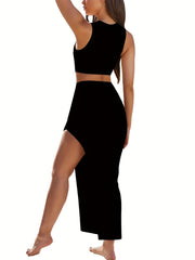 Casual 2pc Set Crew Neck Top & Split Skirt Outfit Women's Clothing
