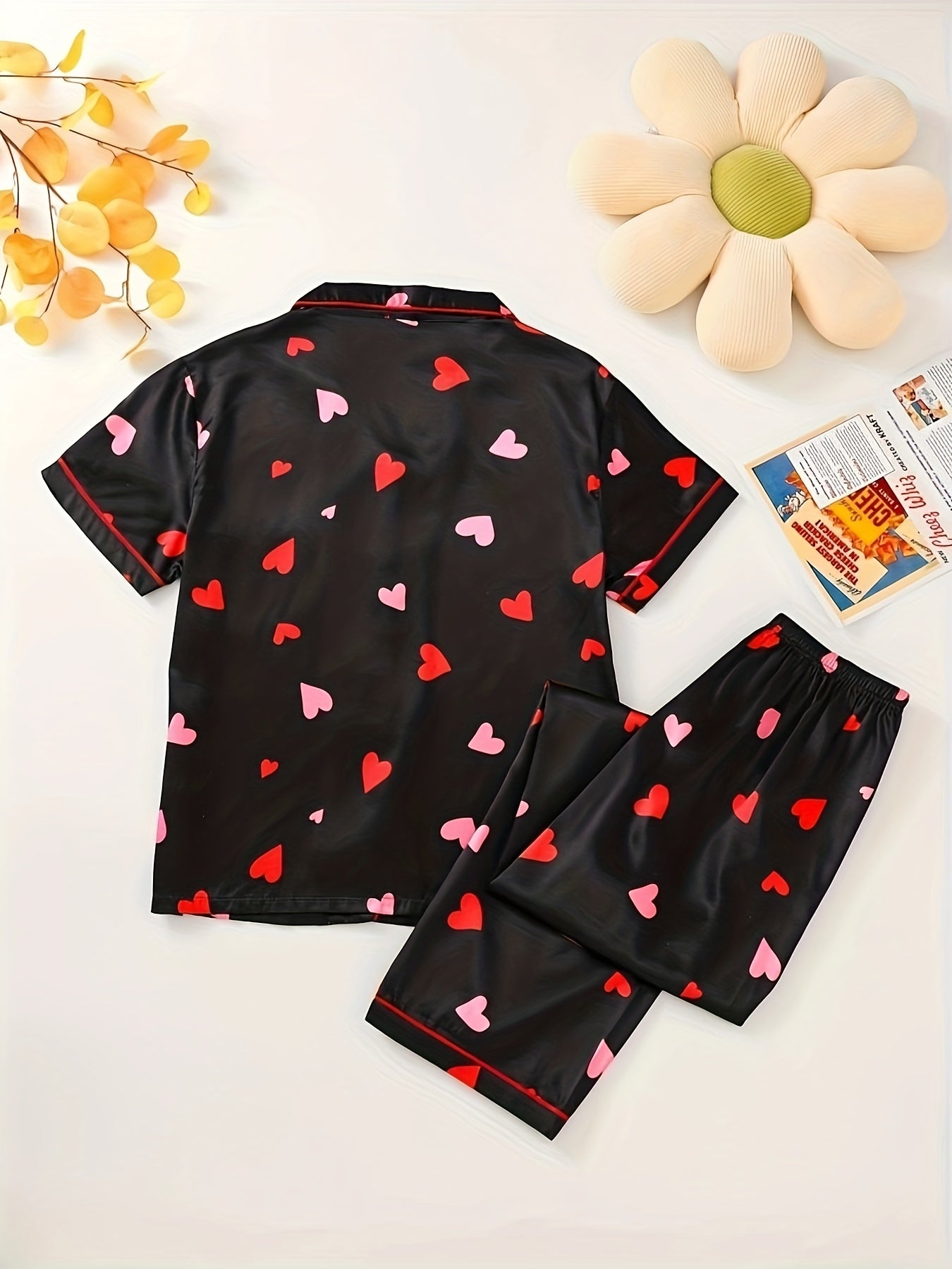Heart Print Lounge Set Short Sleeve Top & Pants Women's Loungewear