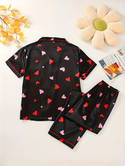 Heart Print Lounge Set Short Sleeve Top & Pants Women's Loungewear