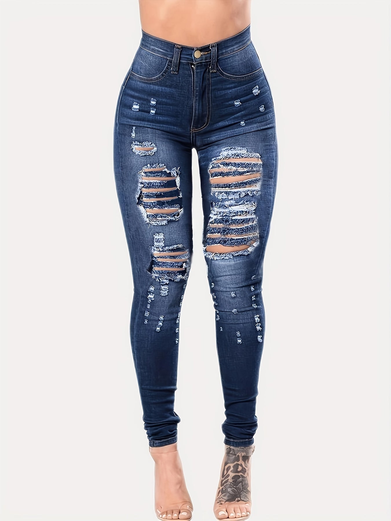 High Waist Ripped Holes Skinny Jeans Distressed Slim Fit Denim Pants