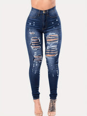 High Waist Ripped Holes Skinny Jeans Distressed Slim Fit Denim Pants