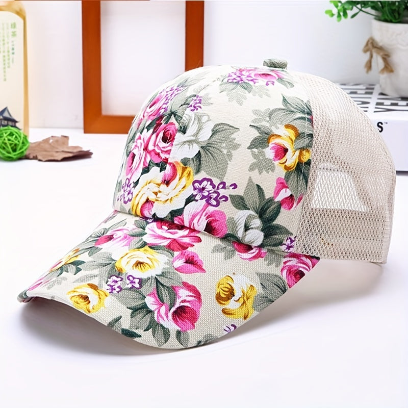 Flower Print Colorful Trucker Hat Mesh Baseball Cap Sunscreen Dad Hats
