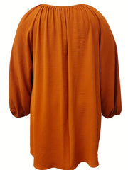 Solid Long Sleeve Round Neck Keyhole Tie Blouse