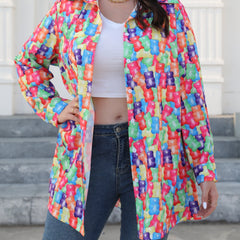 Casual Bear Print Button Up Long Sleeve Blouse