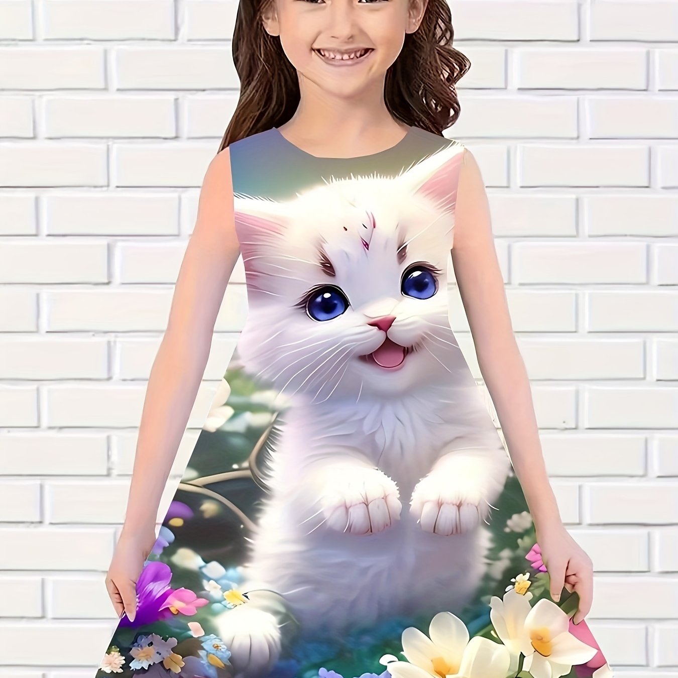Sweet Flower Cat Print Dress Girls Casual Sleeveless Dresses For Summer Party