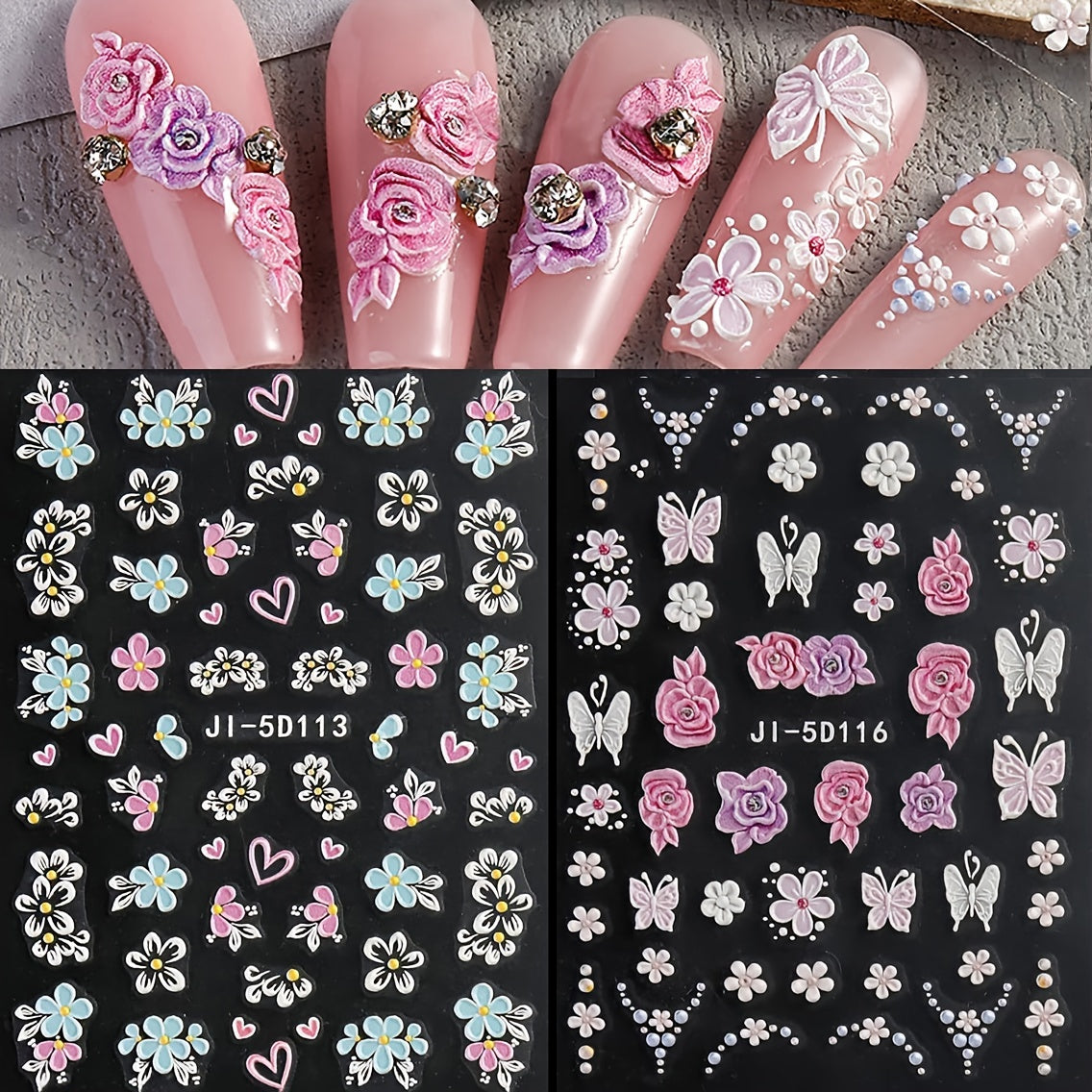 5D Pink Petals Butterfly Nail Stickers French Line Acrylic Spring