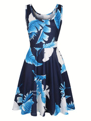 Tropical Print Tank Dress Medium Stretch A-line Dress