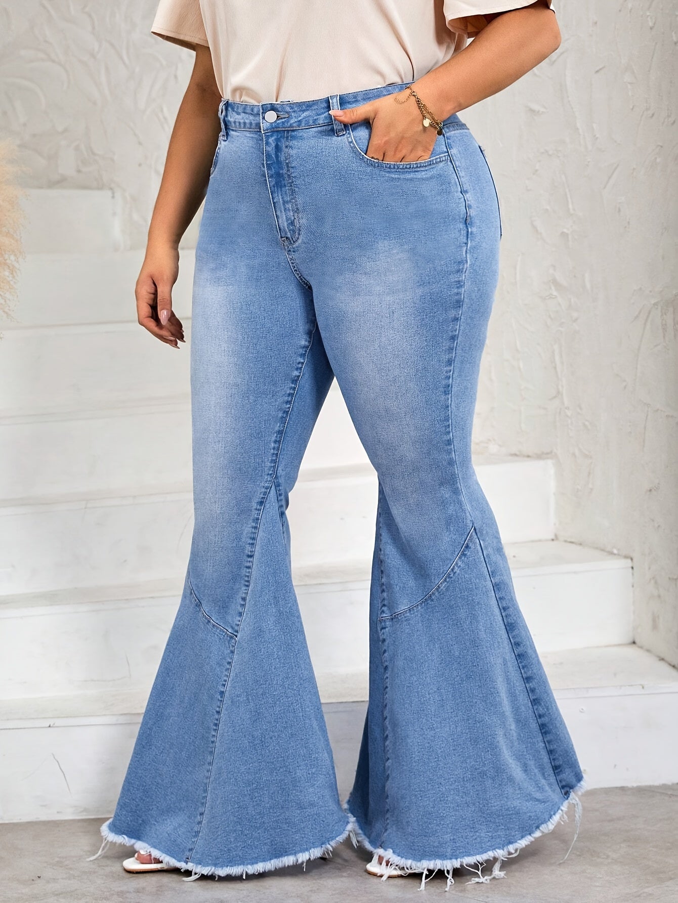 Washed Button Fly Flare Leg Jeans