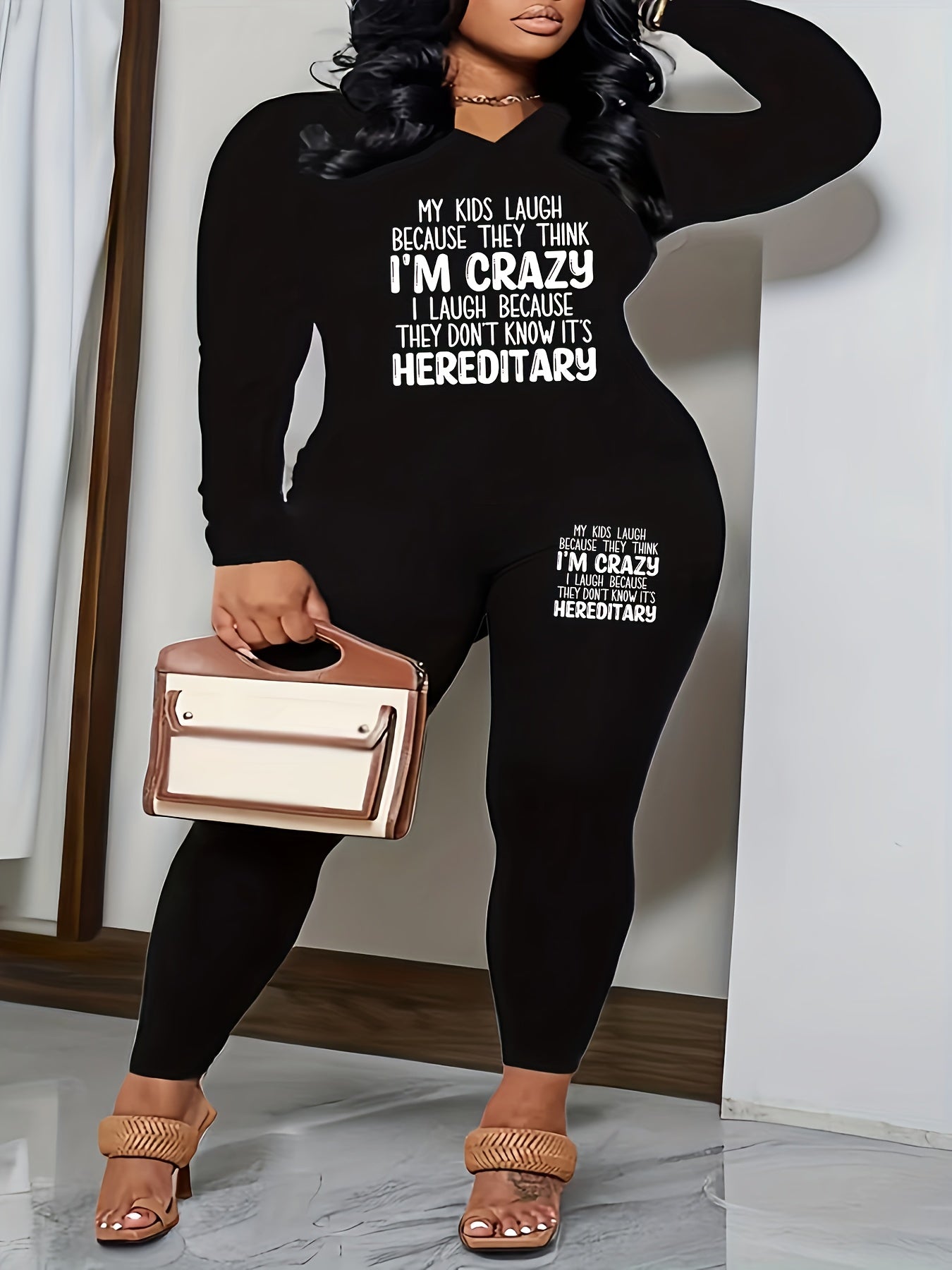 Casual 2 Piece Set Women's Slogan Print Top & Leggings