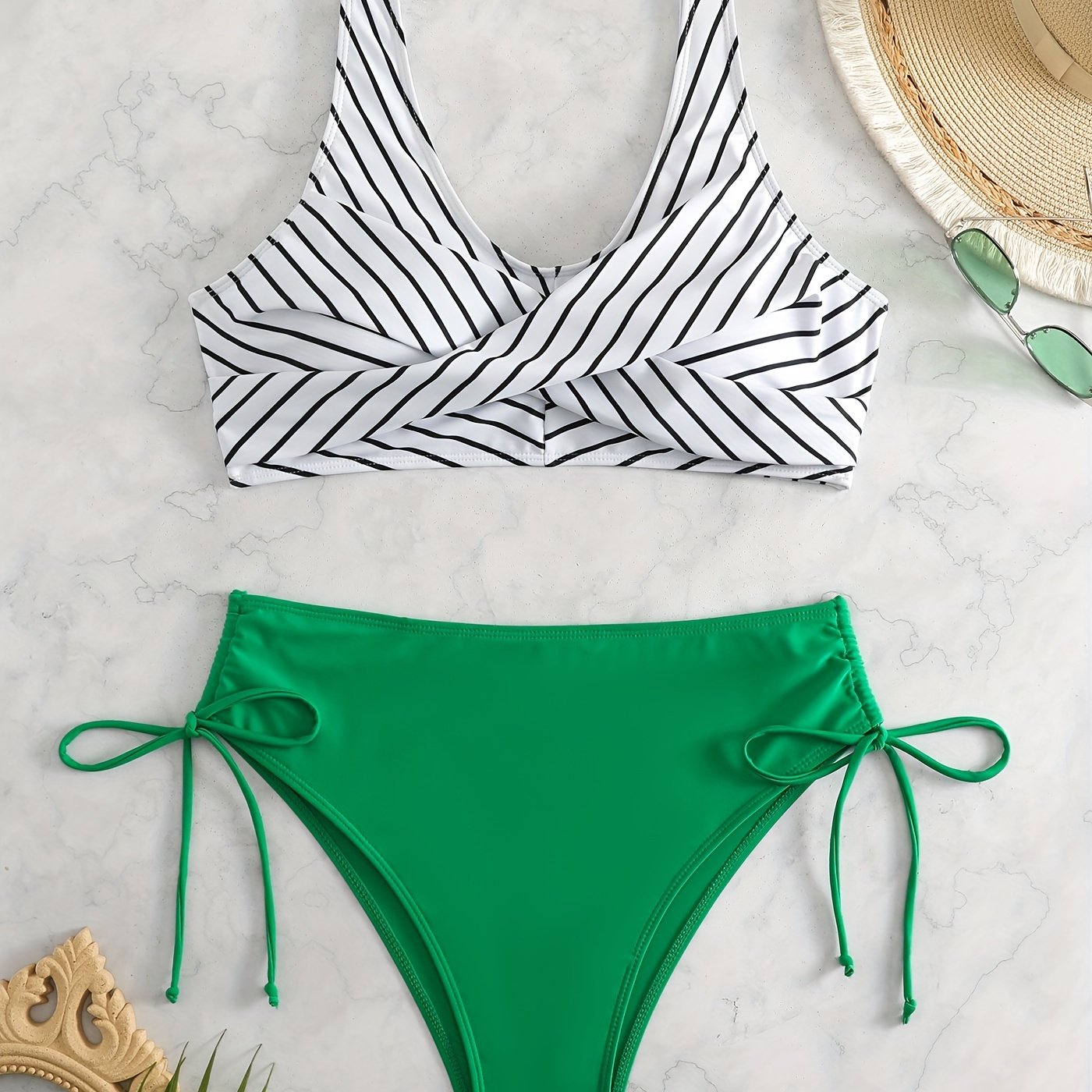Striped Cross Front Bra & Solid Lace Up Side Panty Swimsuit Set