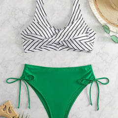 Striped Cross Front Bra & Solid Lace Up Side Panty Swimsuit Set