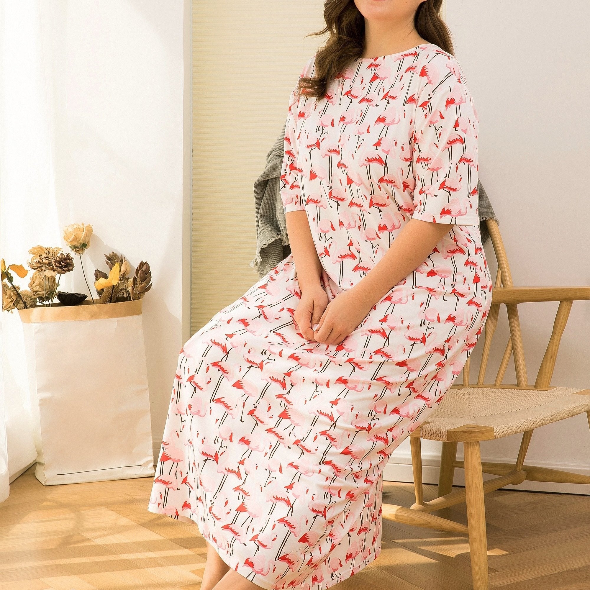 Plus Flamingo Print Short Sleeve Nightdress