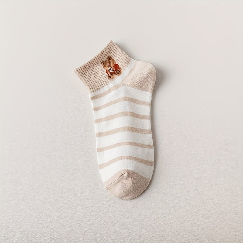 6 Pairs Bear Print Striped Socks Crew Short Stockings